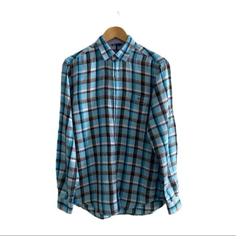 WILLS SPORT Mens Blue Check Slim Fit Long Sleeve Linen Button Up Shirt 15 1 4